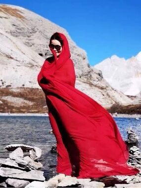 Flowing Red Hooded Cape Wrap